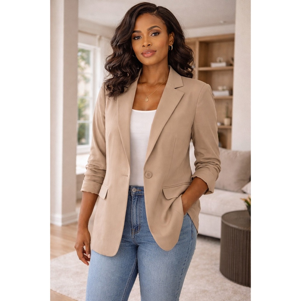 Cicy Bell Womens Blazer XL Beige Tailored One Button Jacket Office Workwear Chic